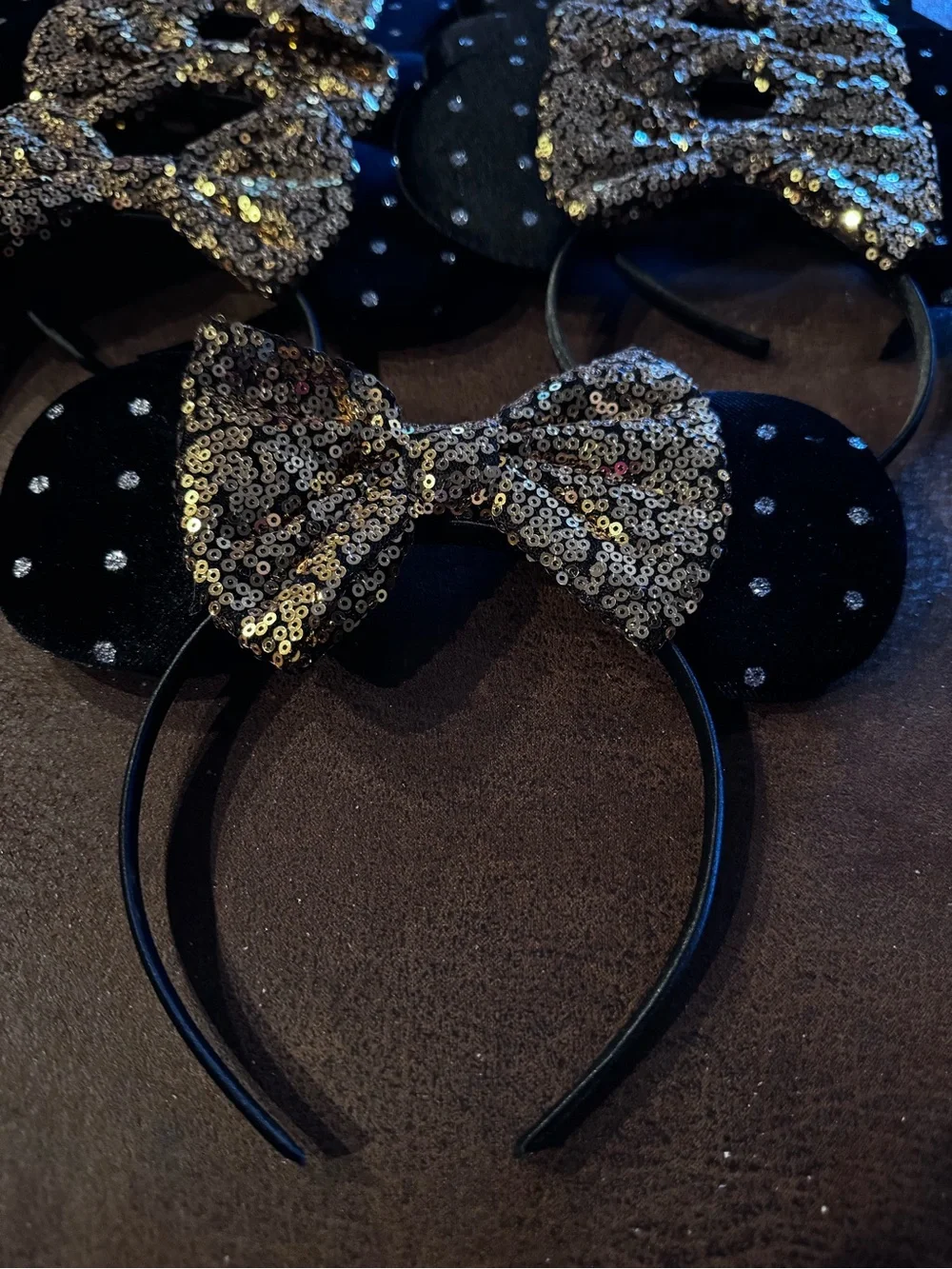 Bulk Lot-9 New Gold Sequin Bow, Glitter Dot Minnie Ear Headbands-Wholesale Cost